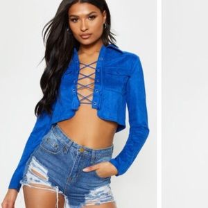 Cobalt Faux Suede Lace Up Pocket Detail Crop Top Small 2